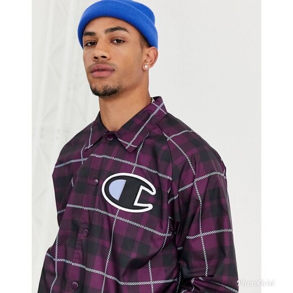 Champion Coaches jacket with ribbed cuffs in plaid purple - Picture 3 of 11